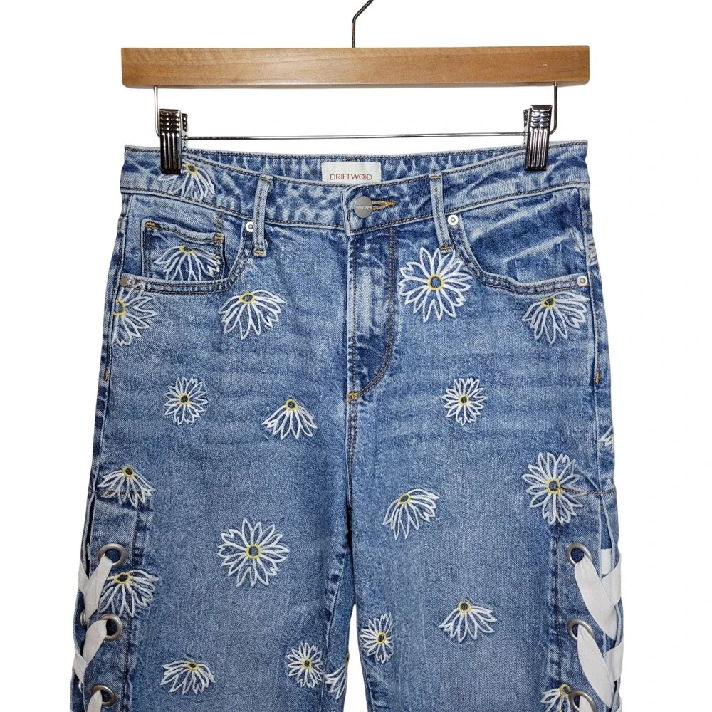 Driftwood Floral Embroidered Lace-Up Jeans Size 26 Y2K Boho Western Festival - Picture 4 of 8